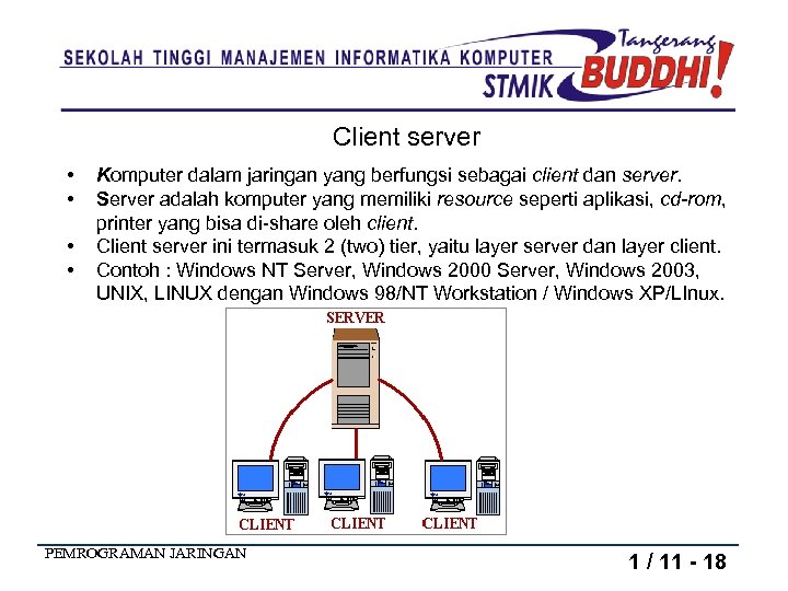 Client server • • Komputer dalam jaringan yang berfungsi sebagai client dan server. Server