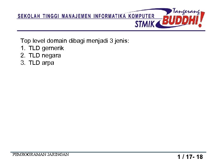 Top level domain dibagi menjadi 3 jenis: 1. TLD gernerik 2. TLD negara 3.