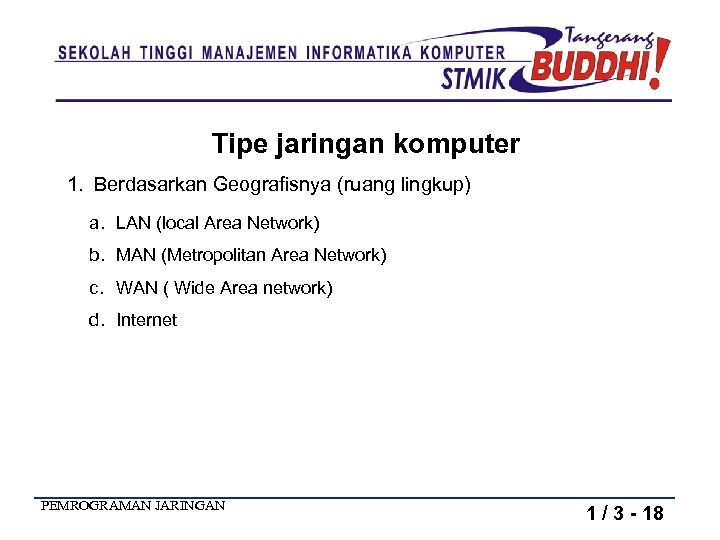 Tipe jaringan komputer 1. Berdasarkan Geografisnya (ruang lingkup) a. LAN (local Area Network) b.