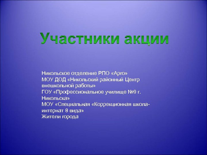 Никольское отделение РПО «Арго» МОУ ДОД «Никольский районный Центр внешкольной работы» ГОУ «Профессиональное училище