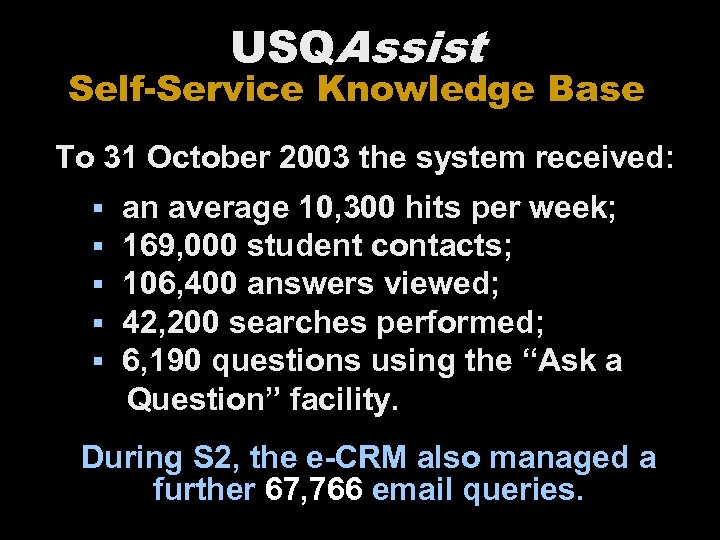 USQAssist Self-Service Knowledge Base To 31 October 2003 the system received: § § §