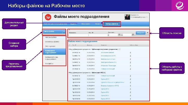 Наборы файлов на Рабочем месте Дополнительный раздел Область поиска Создание набора Перечень представлений Область