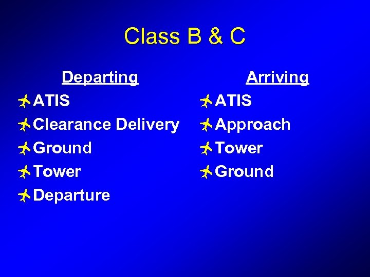 Class B & C Departing ñATIS ñClearance Delivery ñGround ñTower ñDeparture Arriving ñATIS ñApproach