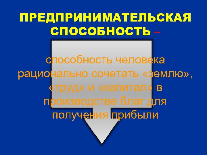 ПРЕДПРИНИМАТЕЛЬСКАЯ СПОСОБНОСТЬ – способность человека рационально сочетать «землю» , «труд» и «капитал» в производстве