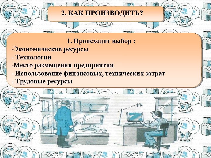 . 2. КАК ПРОИЗВОДИТЬ? 1. Происходит выбор : -Экономические ресурсы - Технологии -Место размещения