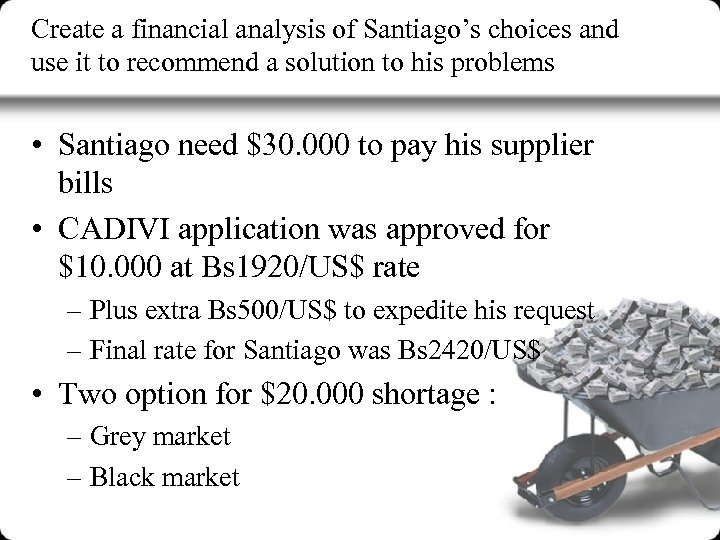 Create a financial analysis of Santiago’s choices and use it to recommend a solution