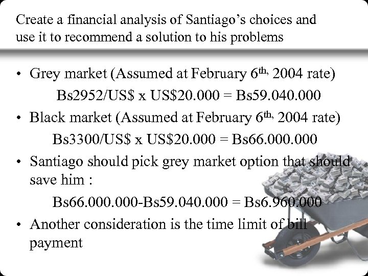 Create a financial analysis of Santiago’s choices and use it to recommend a solution