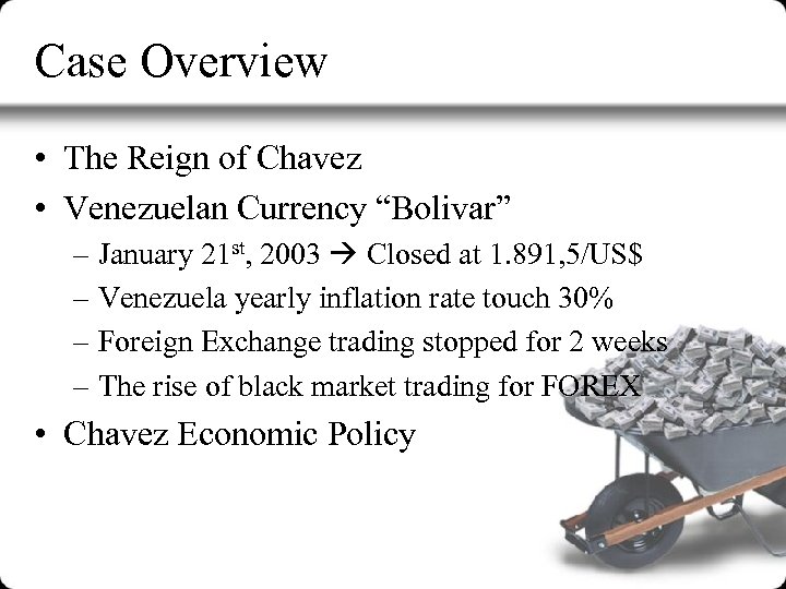 Case Overview • The Reign of Chavez • Venezuelan Currency “Bolivar” – January 21