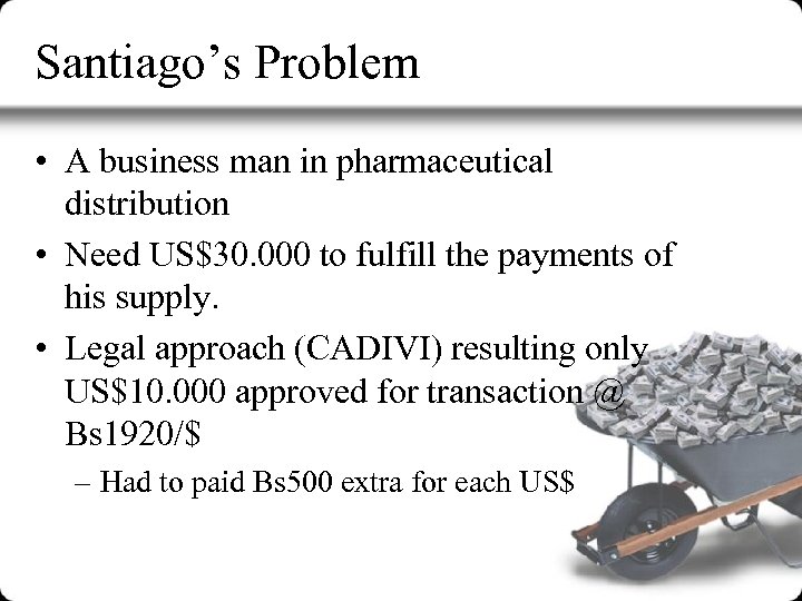 Santiago’s Problem • A business man in pharmaceutical distribution • Need US$30. 000 to