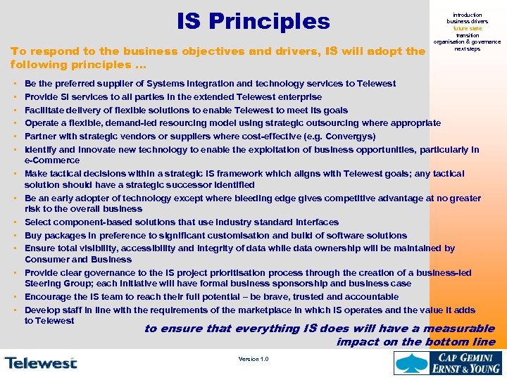 IS Principles To respond to the business objectives and drivers, IS will adopt the