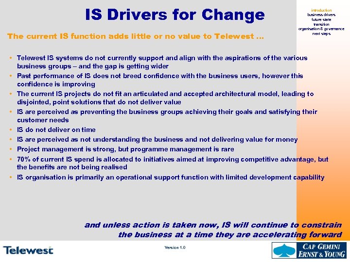 IS Drivers for Change The current IS function adds little or no value to