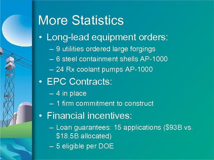 More Statistics • Long-lead equipment orders: – 9 utilities ordered large forgings – 6
