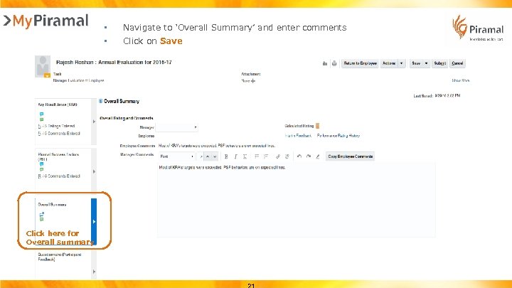  • • Click here for Overall summary Navigate to ‘Overall Summary’ and enter