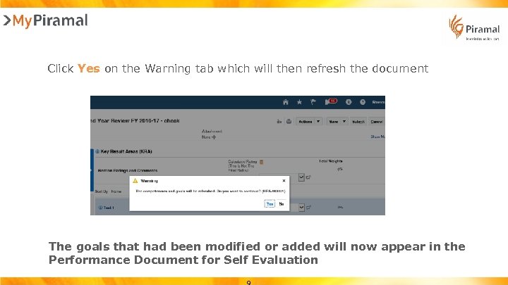 Click Yes on the Warning tab which will then refresh the document The goals
