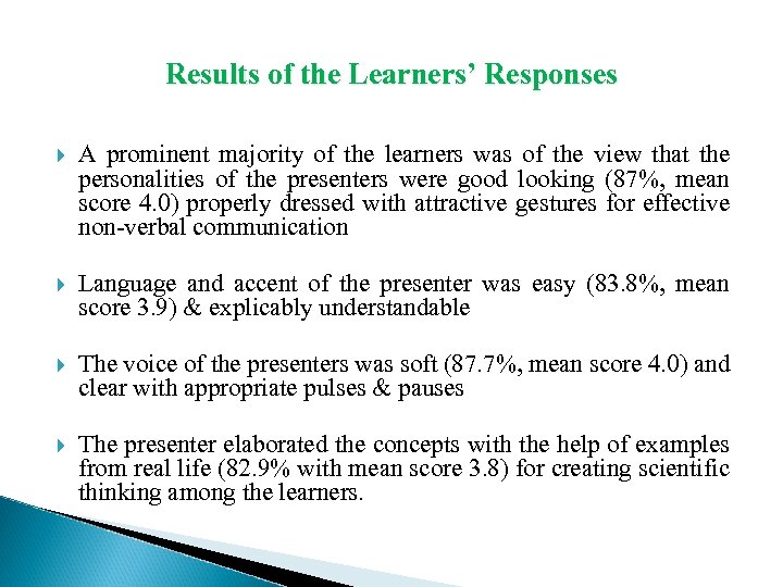 Results of the Learners’ Responses A prominent majority of the learners was of the