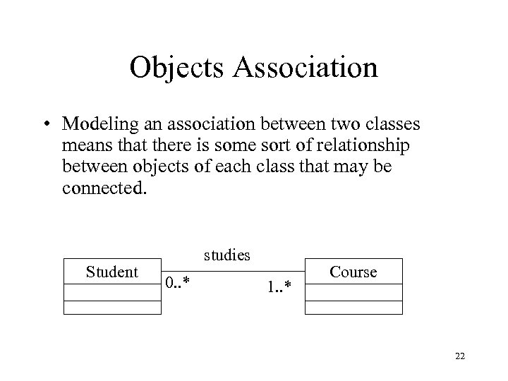 Objects Association • Modeling an association between two classes means that there is some