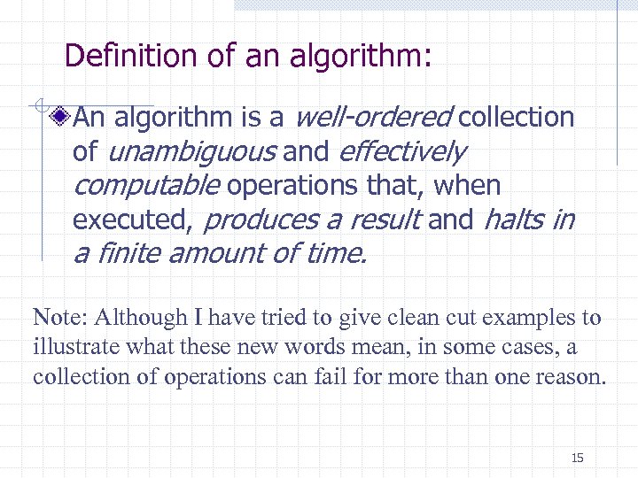Definition of an algorithm: An algorithm is a well-ordered collection of unambiguous and effectively