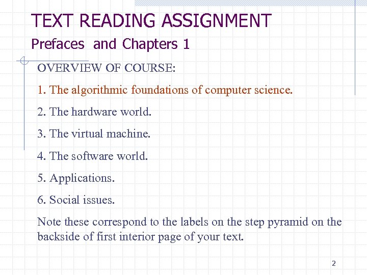 TEXT READING ASSIGNMENT Prefaces and Chapters 1 OVERVIEW OF COURSE: 1. The algorithmic foundations