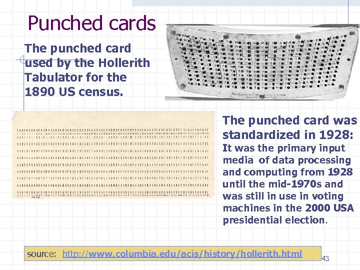 Punched cards The punched card used by the Hollerith Tabulator for the 1890 US