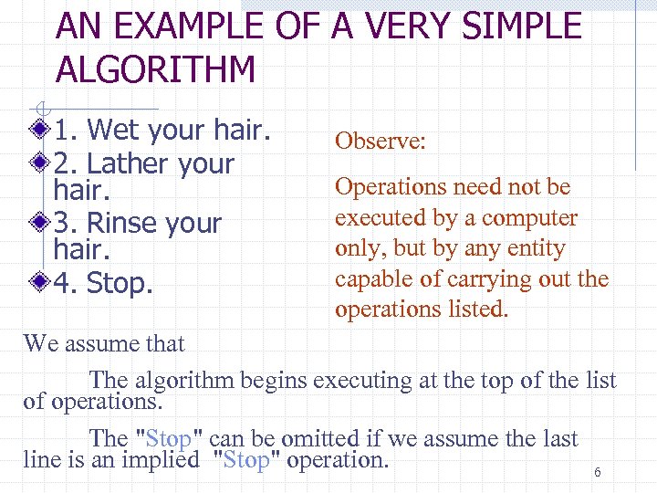AN EXAMPLE OF A VERY SIMPLE ALGORITHM 1. Wet your hair. 2. Lather your