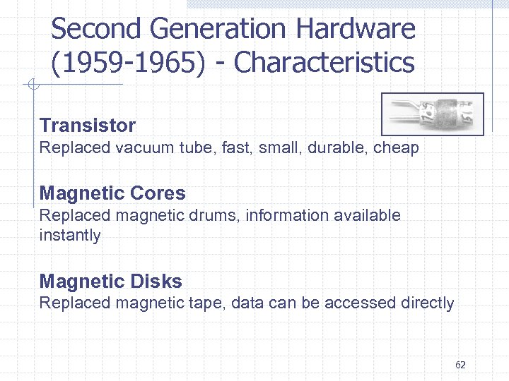 Second Generation Hardware (1959 -1965) - Characteristics Transistor Replaced vacuum tube, fast, small, durable,