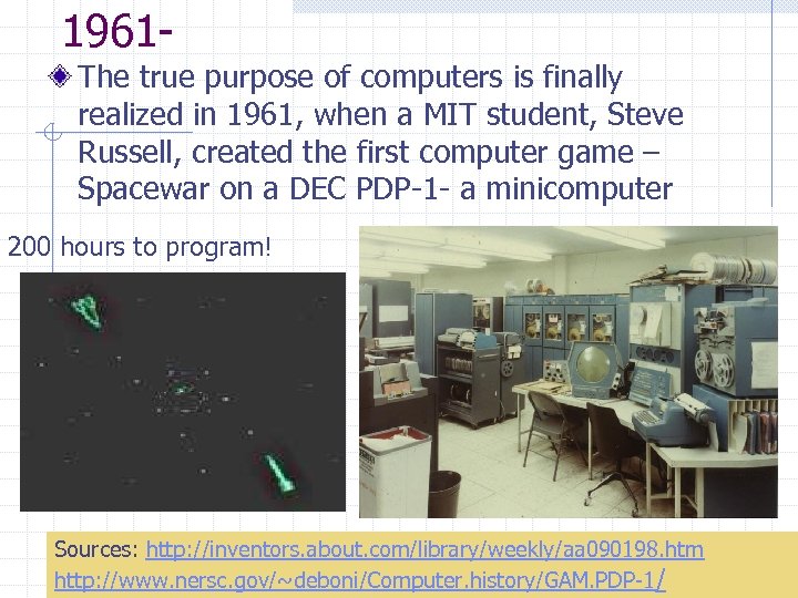 1961 The true purpose of computers is finally realized in 1961, when a MIT
