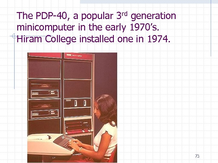 The PDP-40, a popular 3 rd generation minicomputer in the early 1970’s. Hiram College