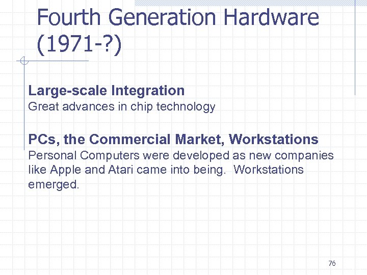 Fourth Generation Hardware (1971 -? ) Large-scale Integration Great advances in chip technology PCs,