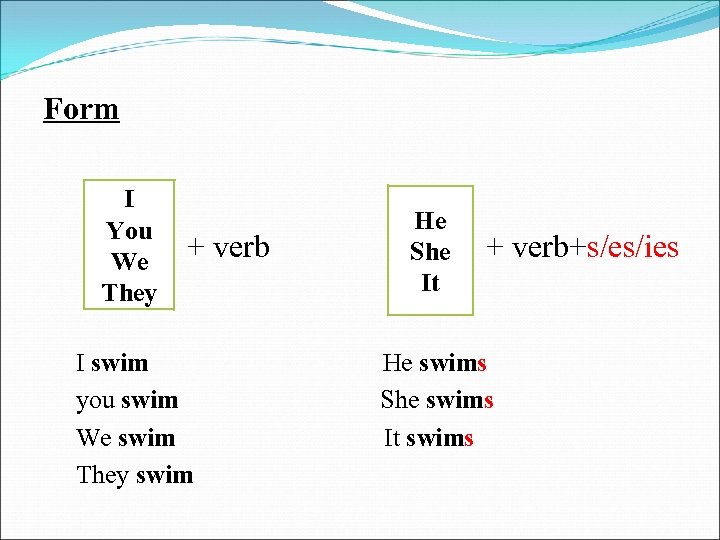 Form I You We They + verb I swim you swim We swim They