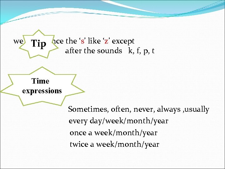 we pronounce the ‘s’ like ‘z’ except Tip after the sounds k, f, p,