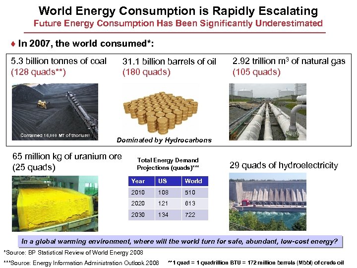 World Energy Consumption is Rapidly Escalating Future Energy Consumption Has Been Significantly Underestimated ¨