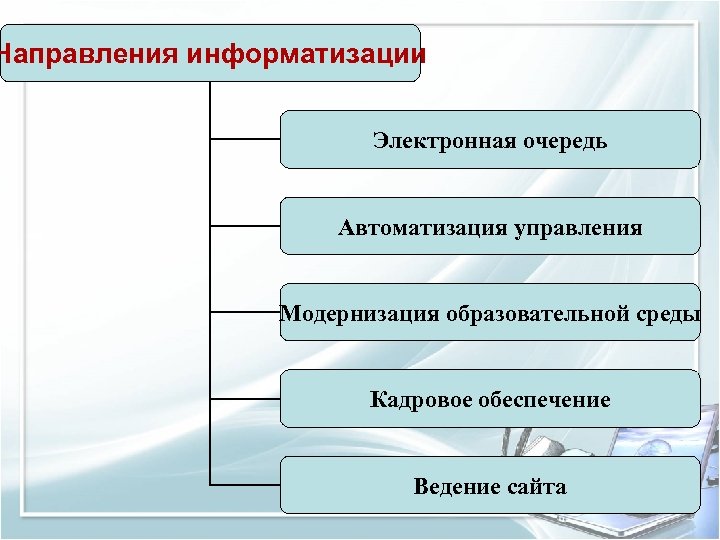 Направления информатизации Электронная очередь Автоматизация управления Модернизация образовательной среды Кадровое обеспечение Ведение сайта 