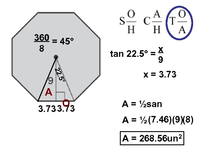 360 = 45° 8 x tan 22. 5° = 9 ° 5 22. x