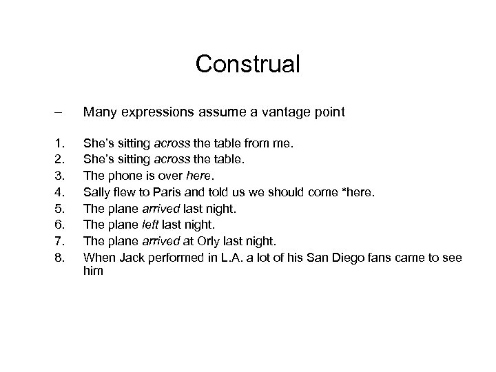 Construal – Many expressions assume a vantage point 1. 2. 3. 4. 5. 6.