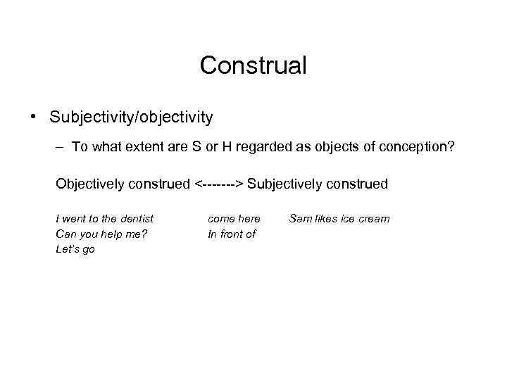Construal • Subjectivity/objectivity – To what extent are S or H regarded as objects