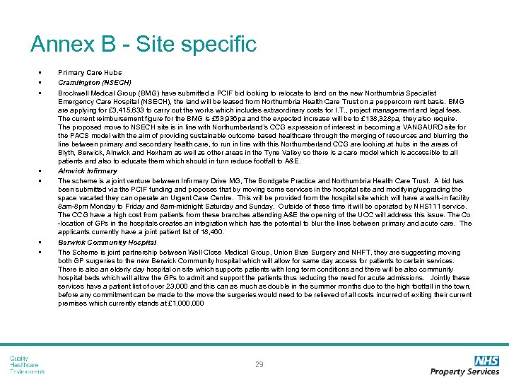 Annex B - Site specific • • Primary Care Hubs Cramlington (NSECH) Brockwell Medical