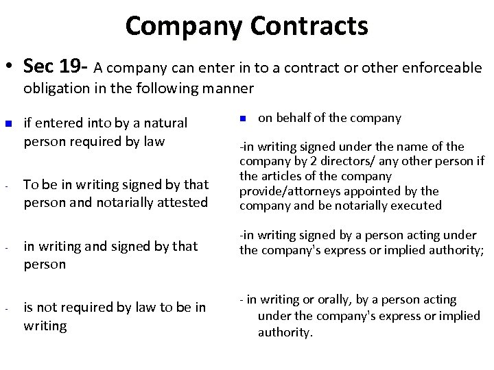 Company Contracts • Sec 19 - A company can enter in to a contract