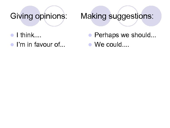 Giving opinions: I think. . l I’m in favour of. . . l Making