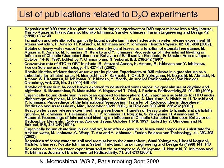 List of publications related to D 2 O experiments • • • Deposition of