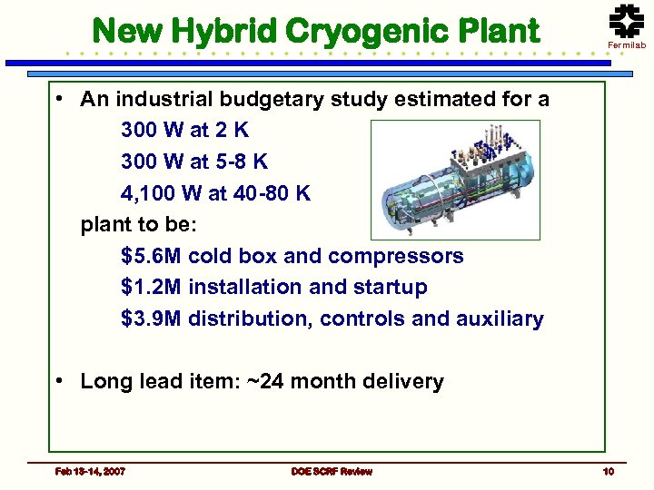 New Hybrid Cryogenic Plant Fermilab • An industrial budgetary study estimated for a 300