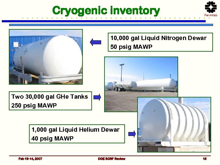 Cryogenic inventory Fermilab 10, 000 gal Liquid Nitrogen Dewar 50 psig MAWP Two 30,