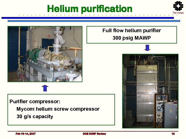 Helium purification Fermilab Full flow helium purifier 300 psig MAWP Purifier compressor: Mycom helium