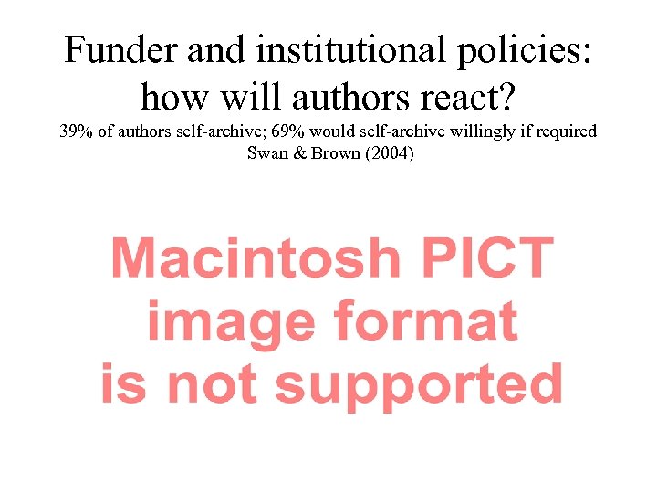 Funder and institutional policies: how will authors react? 39% of authors self-archive; 69% would