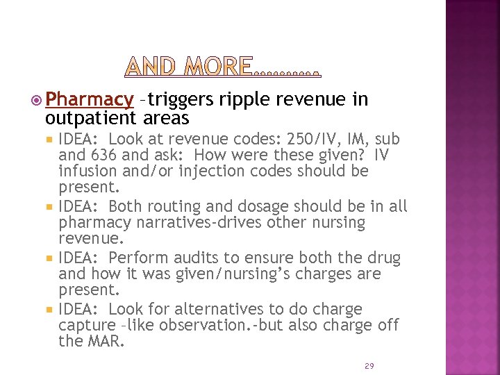  Pharmacy –triggers ripple revenue in outpatient areas IDEA: Look at revenue codes: 250/IV,
