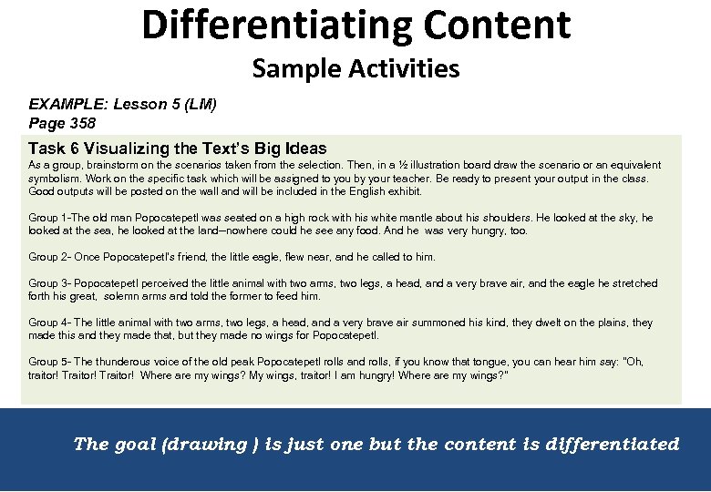 Differentiating Content Sample Activities EXAMPLE: Lesson 5 (LM) Page 358 Task 6 Visualizing the