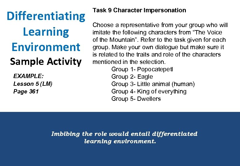 Differentiating Learning Environment Sample Activity EXAMPLE: Lesson 5 (LM) Page 361 Task 9 Character