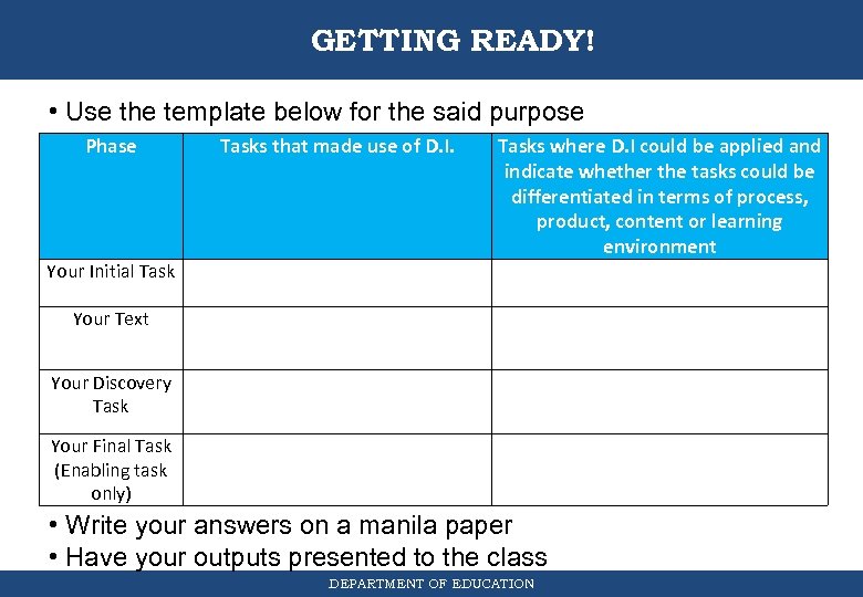 GETTING READY! • Use the template below for the said purpose Phase Your Initial