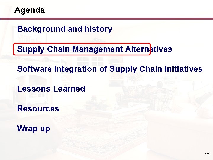 Agenda Background and history Supply Chain Management Alternatives Software Integration of Supply Chain Initiatives