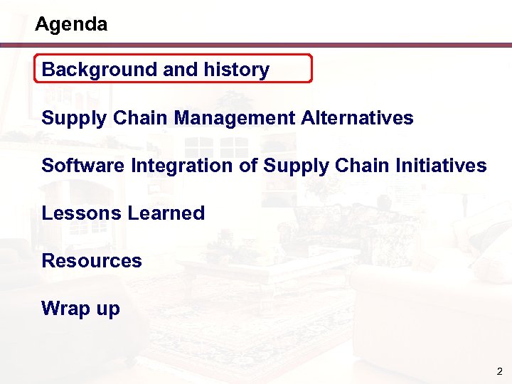 Agenda Background and history Supply Chain Management Alternatives Software Integration of Supply Chain Initiatives