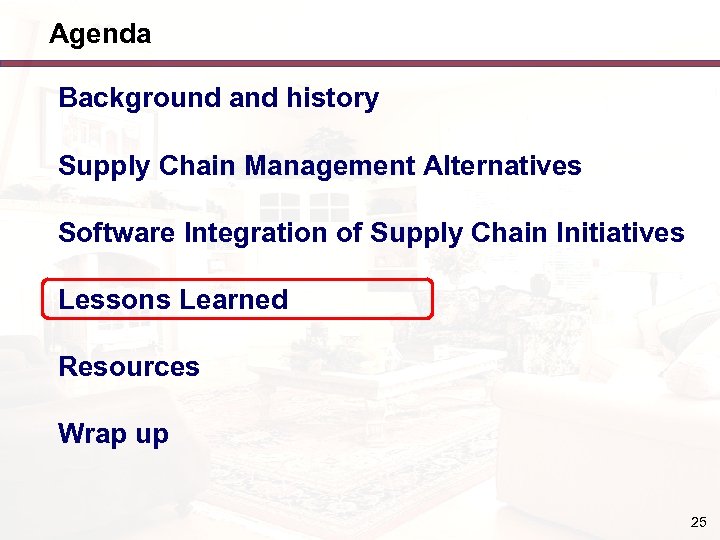 Agenda Background and history Supply Chain Management Alternatives Software Integration of Supply Chain Initiatives